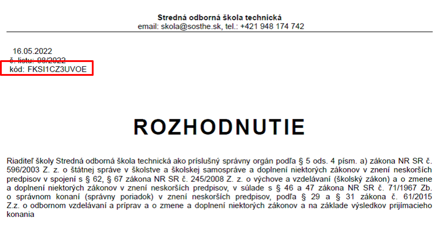 Kód uchádzača